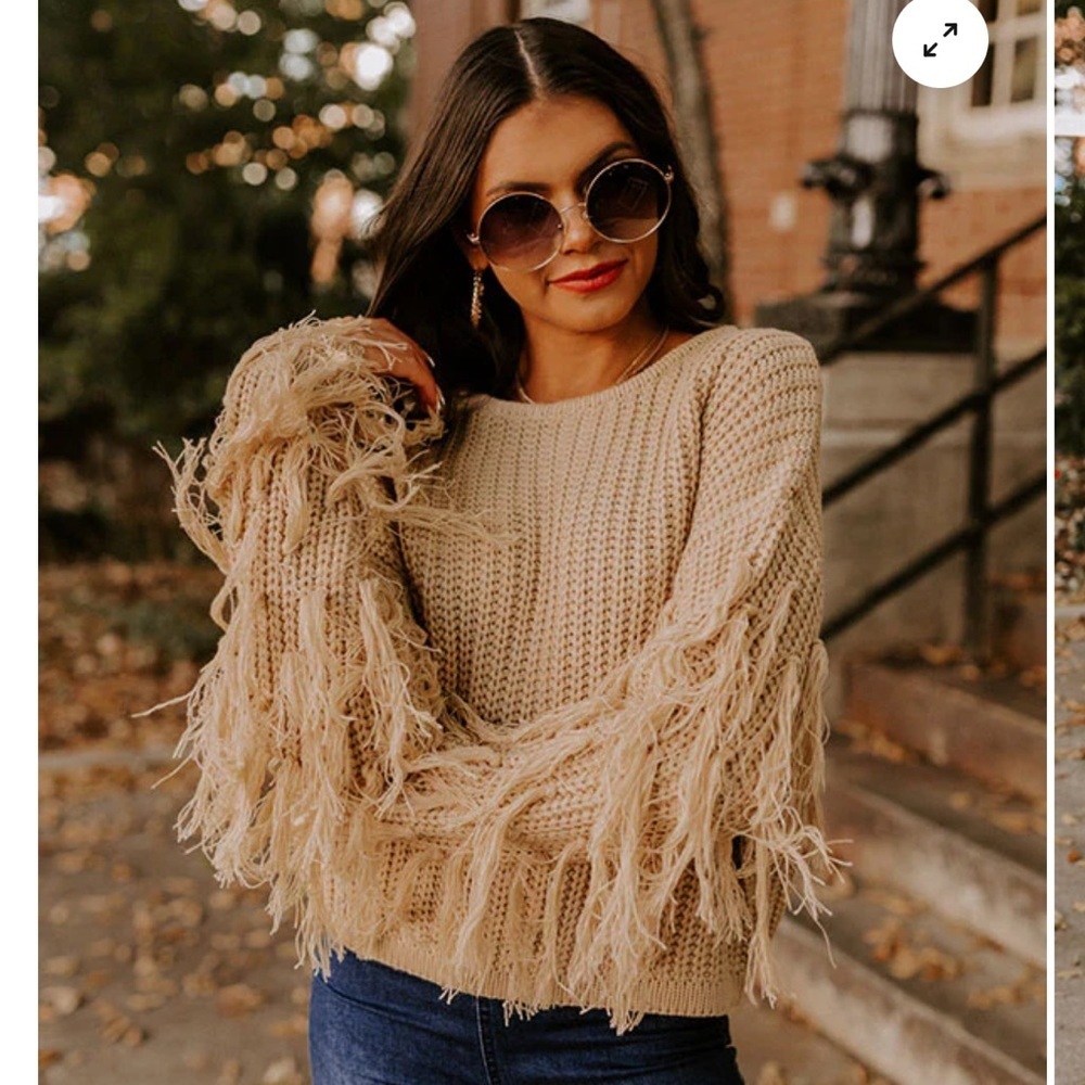 &merci Fringed Cropped Long Sleeve Knit Crew Neck Tan Oversized Sweater L